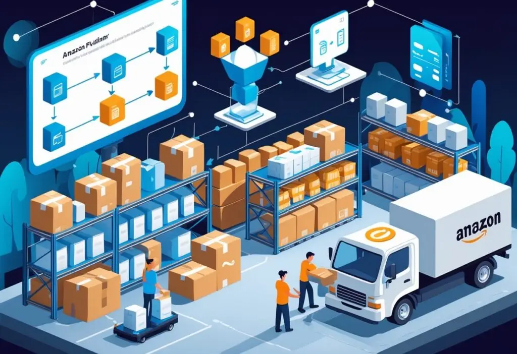 A warehouse scene showing workers packing boxes, shelves filled with products, and a delivery truck being loaded, illustrating the process of storing and shipping items.