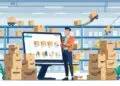 A person standing beside a laptop showing an online store, with Amazon boxes and a warehouse in the background representing product fulfillment.