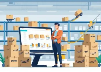 A person standing beside a laptop showing an online store, with Amazon boxes and a warehouse in the background representing product fulfillment.