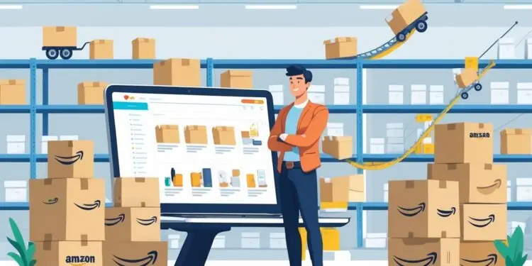 A person standing beside a laptop showing an online store, with Amazon boxes and a warehouse in the background representing product fulfillment.