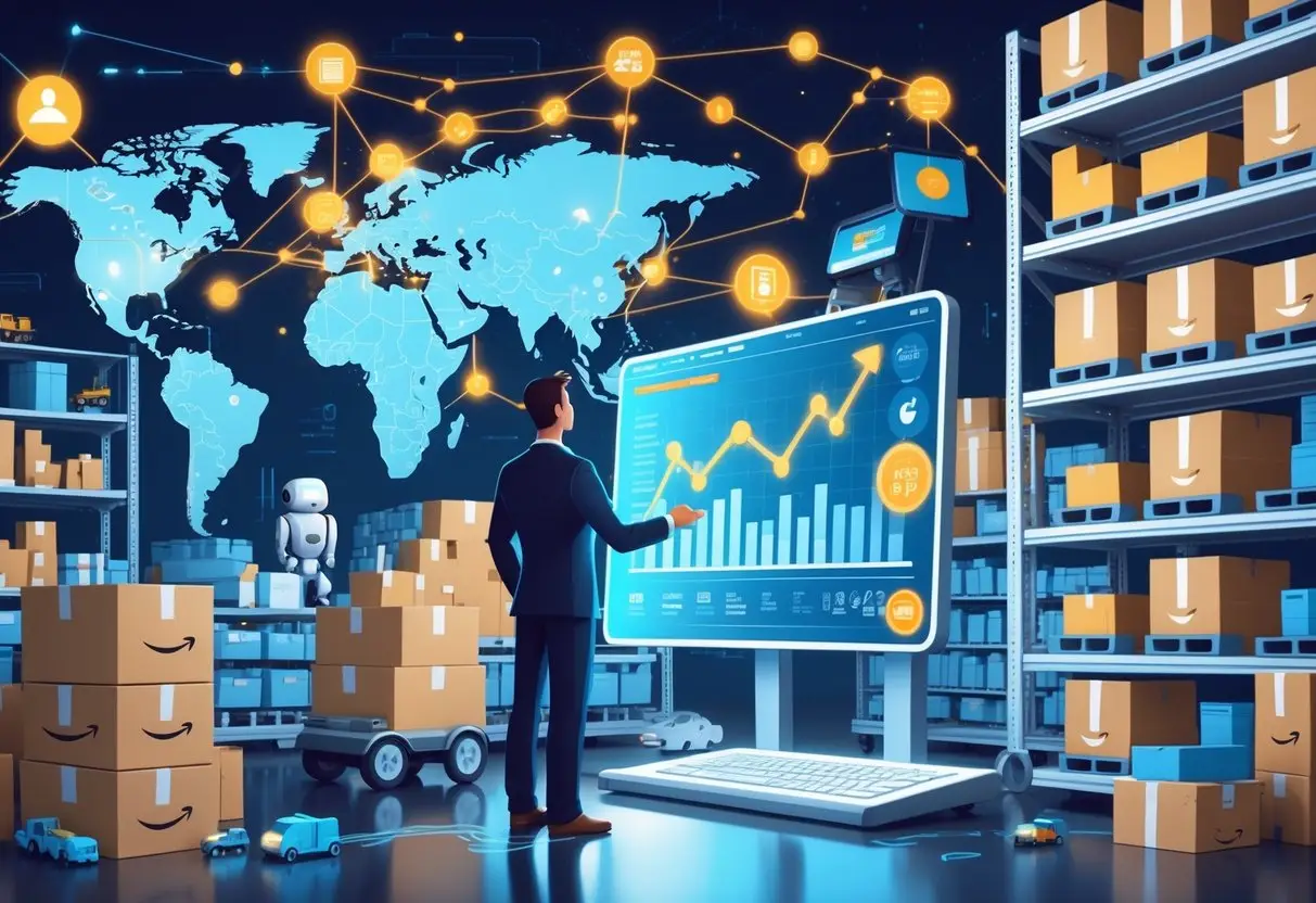A modern warehouse with robots handling packages, a person analyzing digital charts, and a global map showing shipping connections, illustrating the transformation of eCommerce through Amazon FBA.