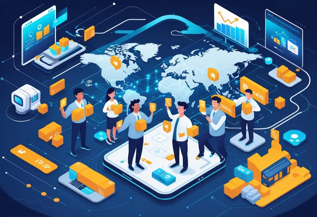 A busy warehouse with robots and workers packing products, surrounded by entrepreneurs celebrating growth with digital devices, global shipping routes, and digital storefronts in the background.