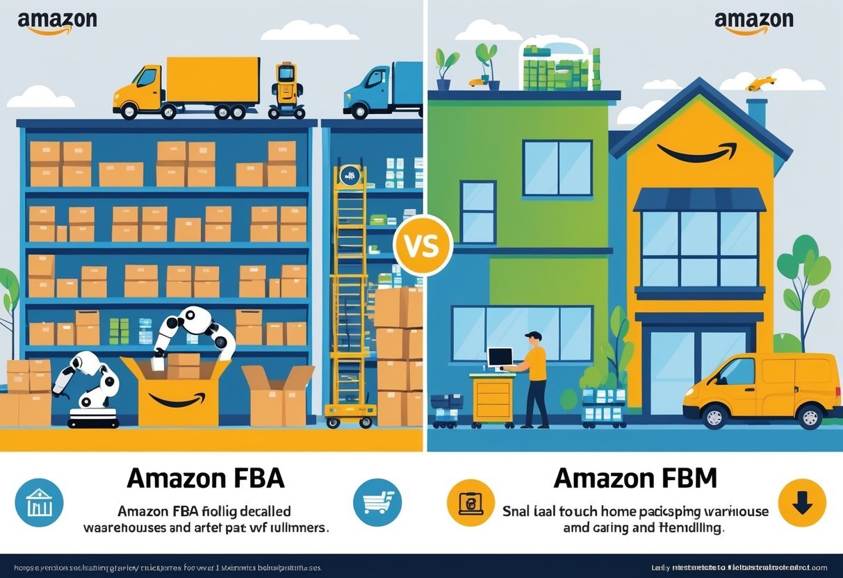 A split image showing an Amazon warehouse with robots and trucks on one side, and a small business owner packing orders in a home office on the other side.