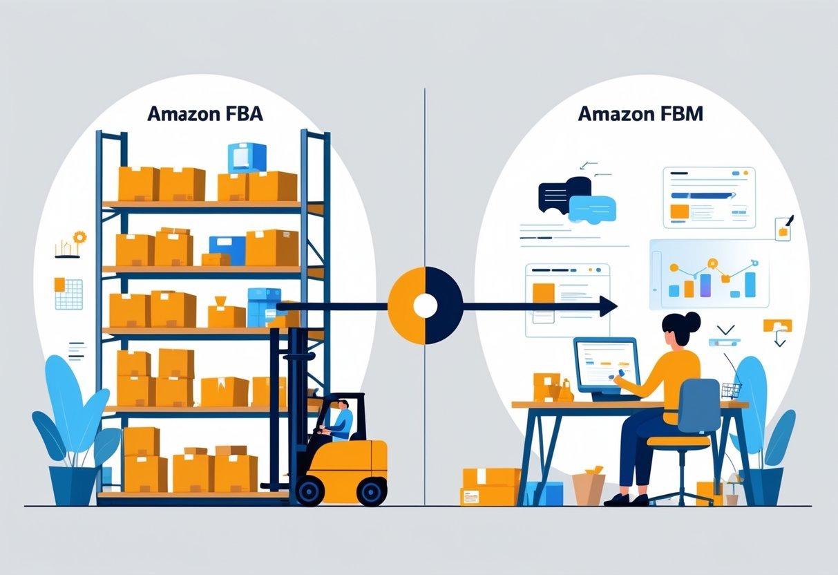 A split scene showing a warehouse with workers and boxes on one side and a person packing orders at a desk on the other, illustrating two different fulfillment methods.