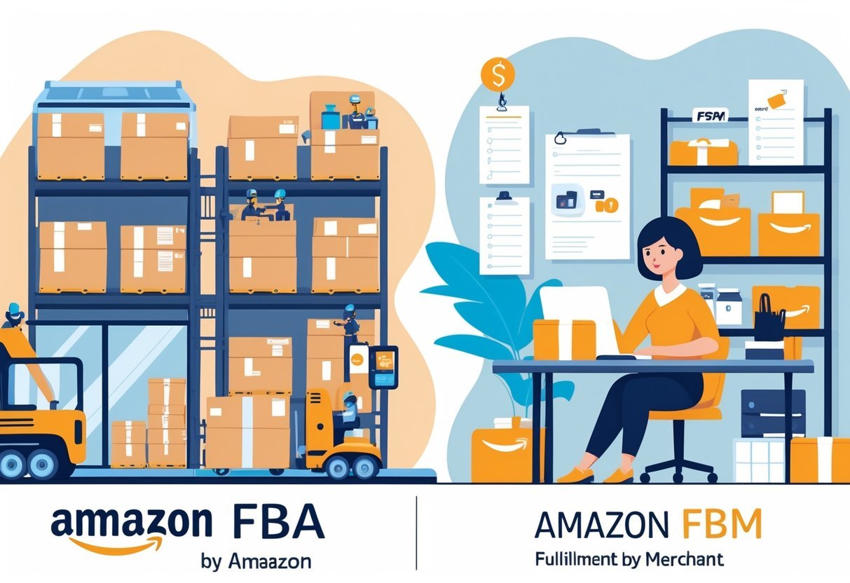 Side-by-side illustration showing a large warehouse with workers and robots packing boxes on one side, and a small business owner packing orders in a cozy office on the other side.