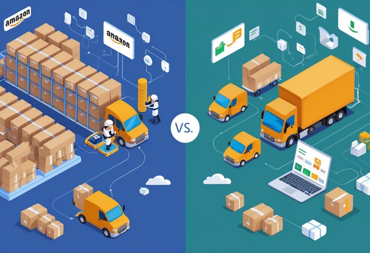Side-by-side illustration showing an Amazon warehouse with packages and delivery truck on one side, and a small online seller working from home with a laptop and distant supplier on the other side.