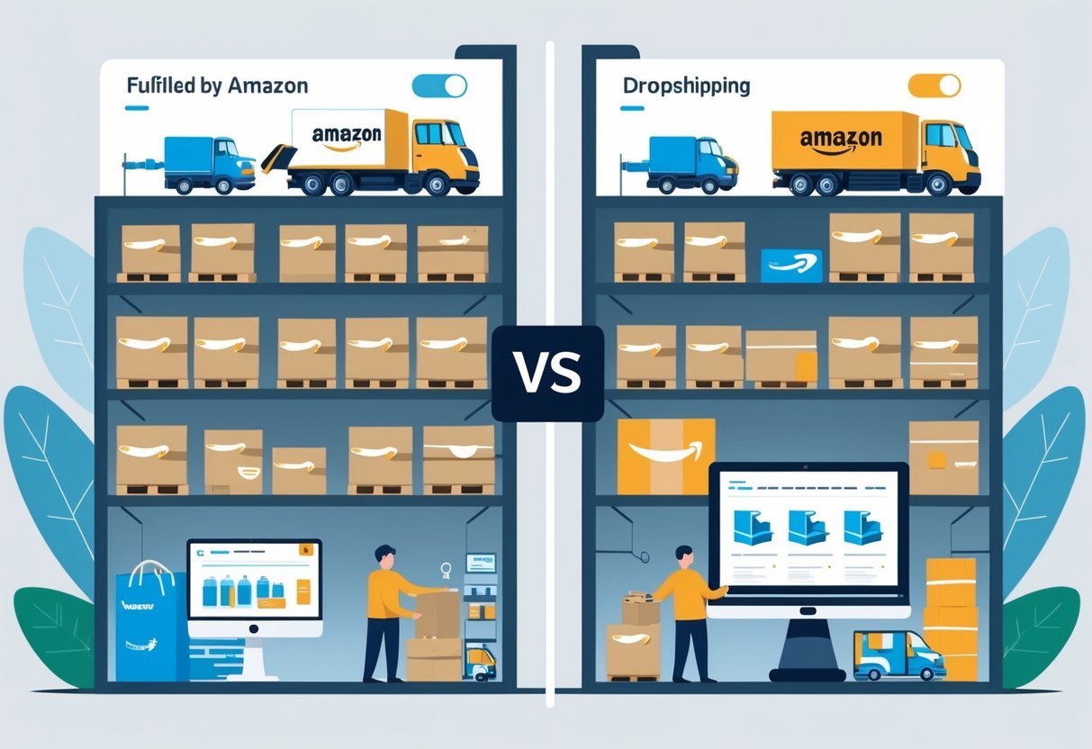 A split scene showing a warehouse with Amazon boxes and workers on one side, and a dropshipping setup with a laptop and supplier packing items on the other side, illustrating a comparison between two fulfillment methods.