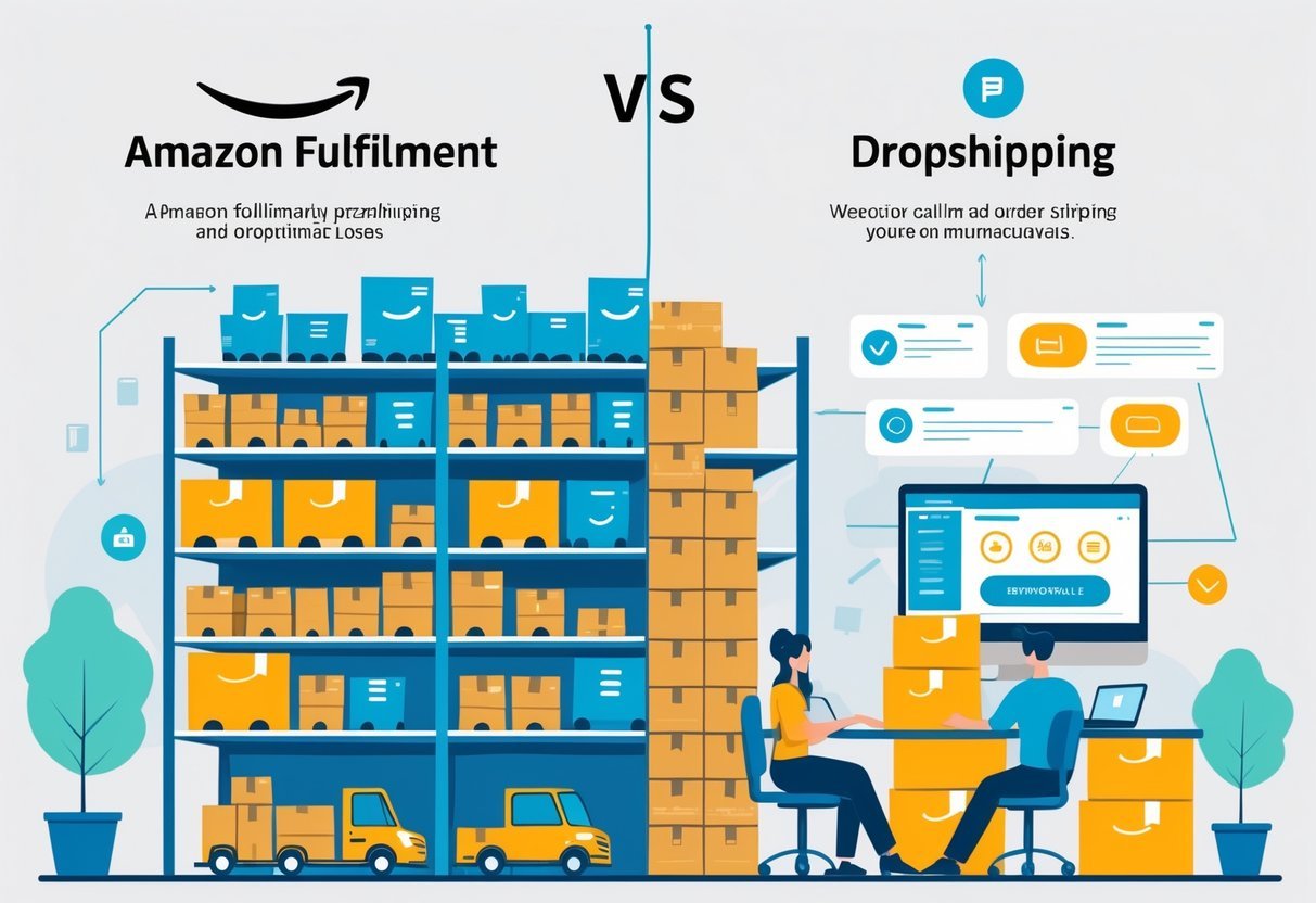 A split scene showing an Amazon warehouse with packages and delivery trucks on one side, and a person working on a laptop managing dropshipping orders on the other side.