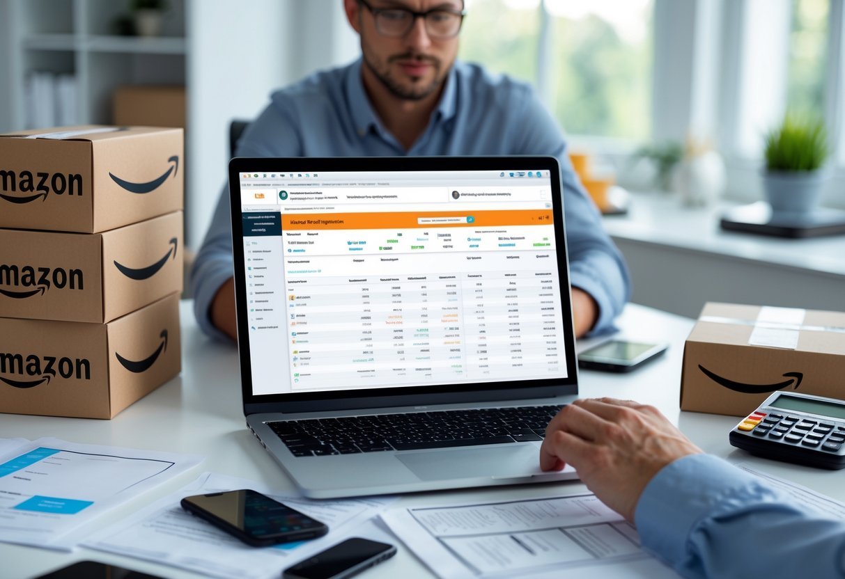 A person working at a desk with a laptop, shipping boxes, paperwork, and a smartphone in a bright home office.