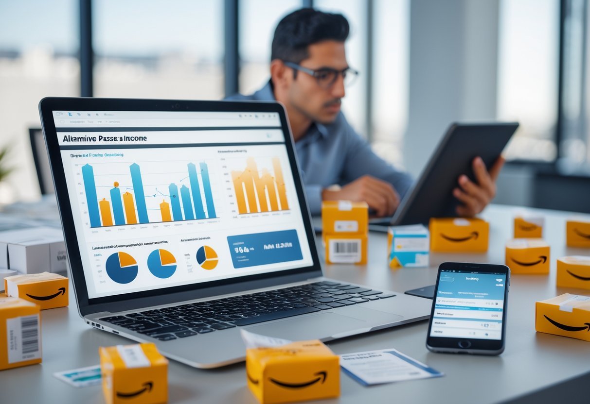A person analyzing data on a tablet at a modern workspace with a laptop, packages, and a smartphone showing e-commerce information.