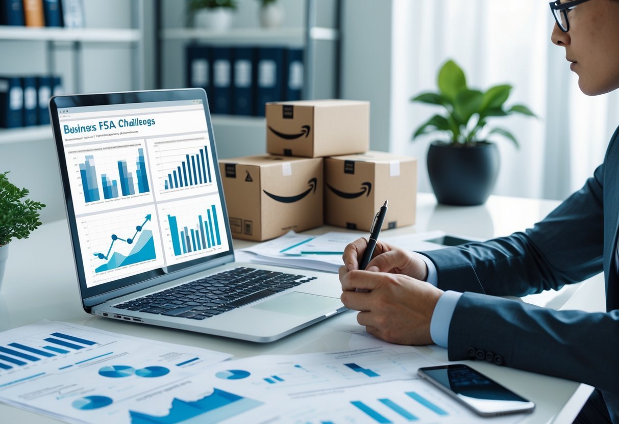 A person analyzing financial charts on a laptop at a desk with Amazon shipping boxes and documents in a modern office.