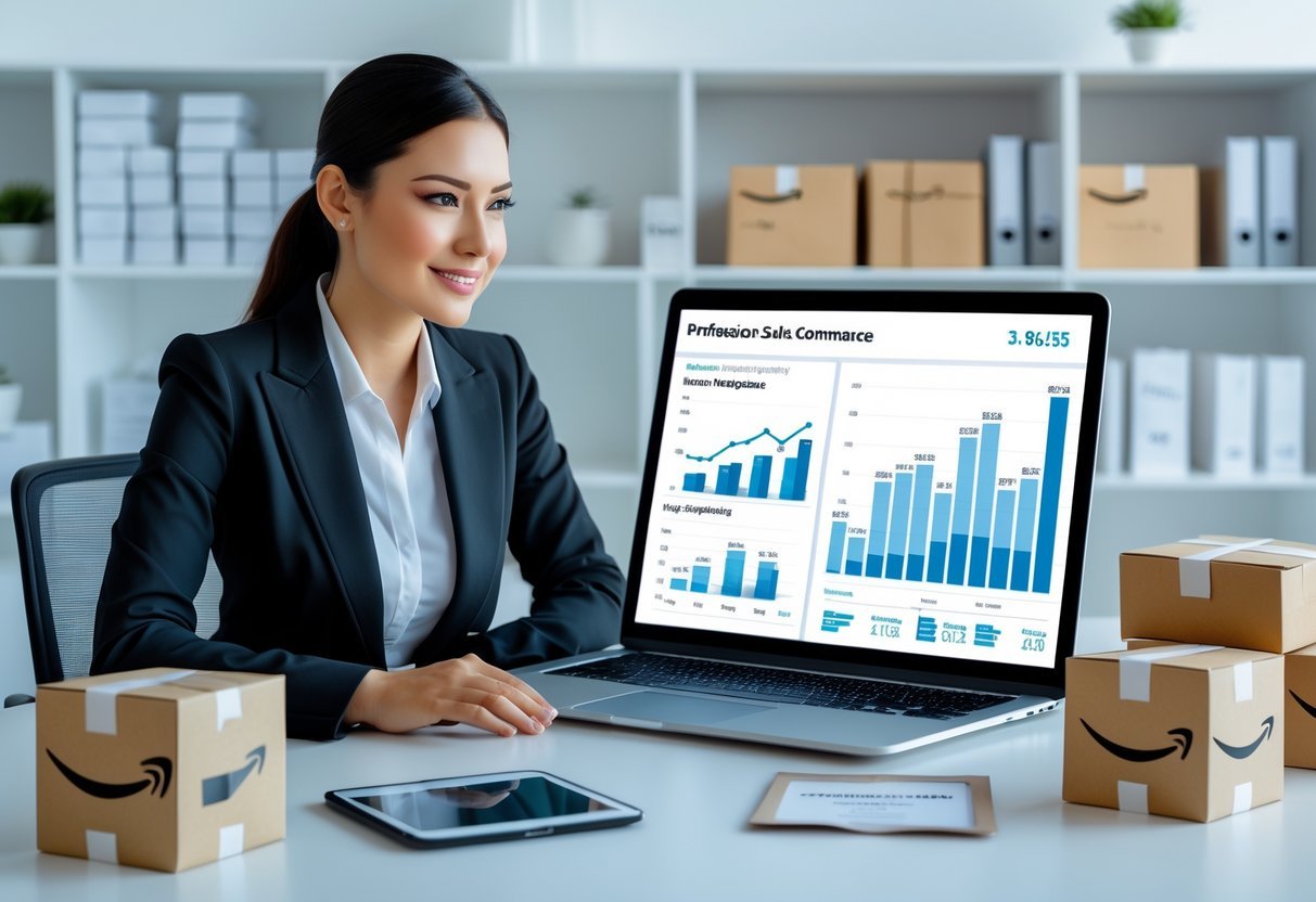 A businesswoman working at a desk with a laptop, surrounded by small shipping boxes and a tablet showing an online marketplace in a bright office.