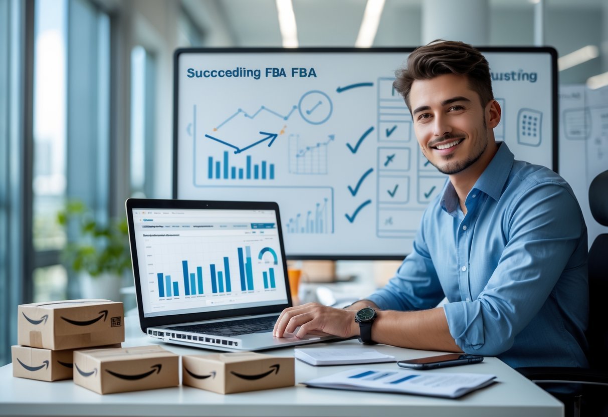 A confident entrepreneur working at a desk with a laptop, Amazon packages, and a whiteboard with charts in a bright office.