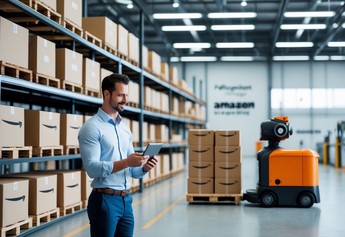 A businessperson reviewing inventory on a tablet in a modern warehouse with shelves of packed boxes and automated systems moving packages.