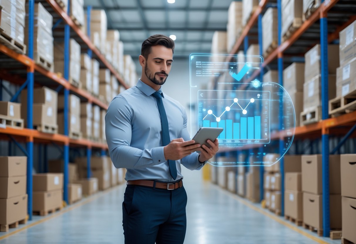 A businessperson reviewing data on a tablet in a bright warehouse with organized inventory shelves and digital charts representing financial and inventory management.