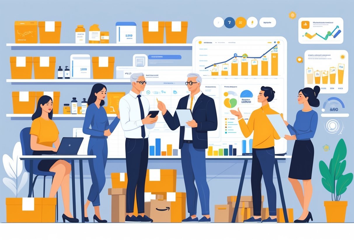 A group of diverse entrepreneurs collaborating in an office with product boxes and digital charts, planning their Amazon FBA business.