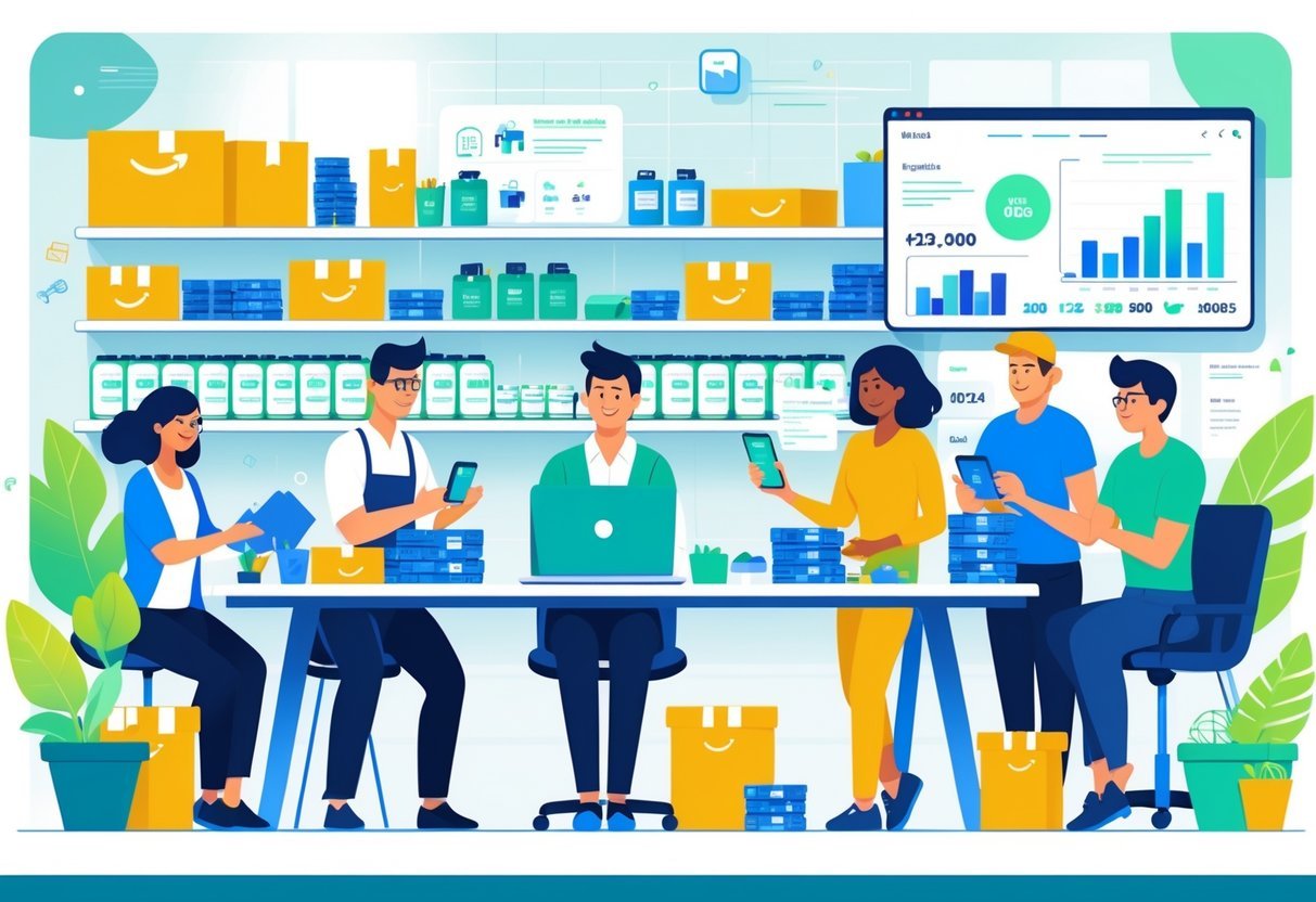 A group of diverse entrepreneurs working together in a bright workspace, packaging products and managing online sales in 2025.