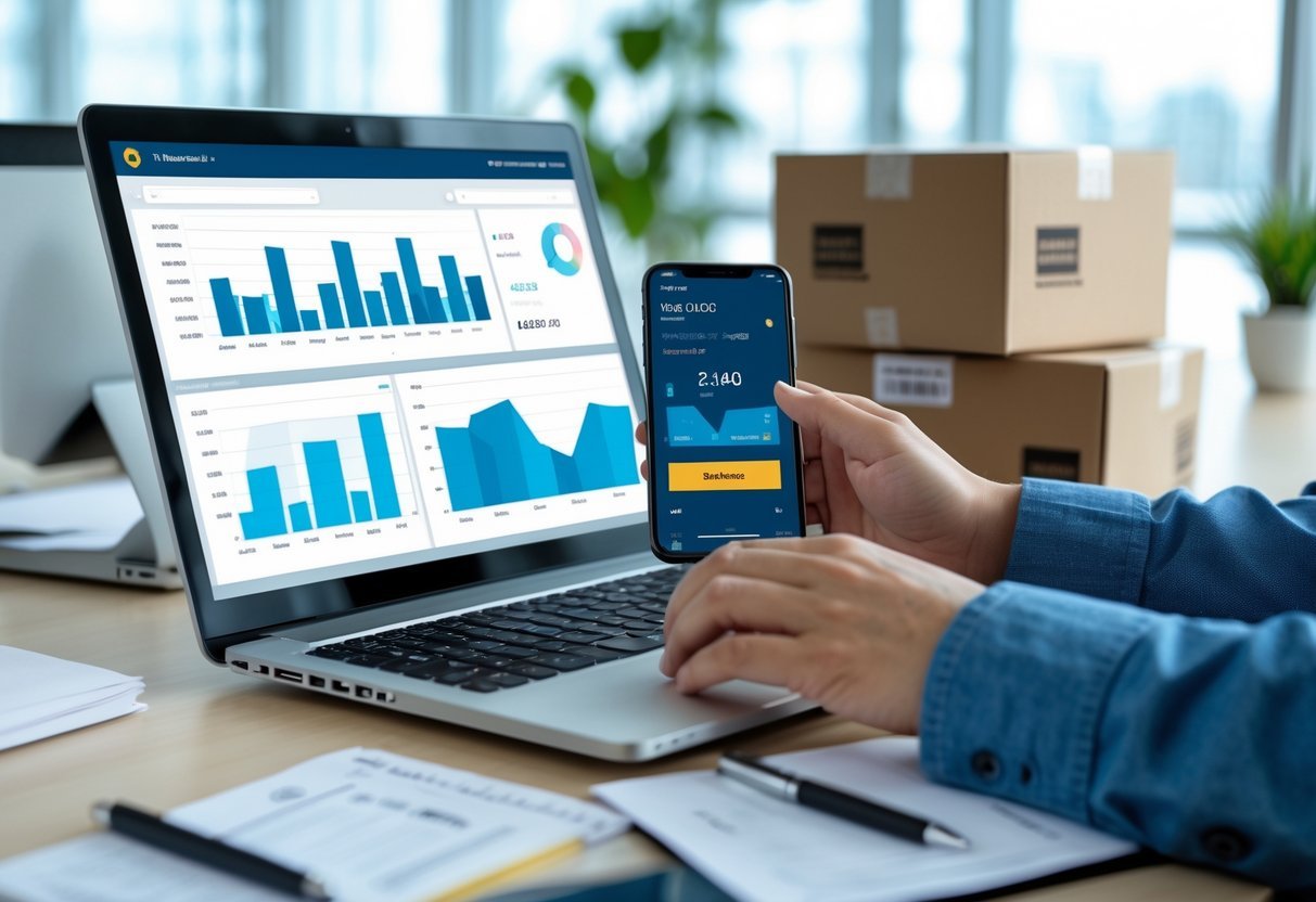 A person analyzing sales data on a laptop and smartphone at a desk with shipping boxes and packing materials in a bright office.