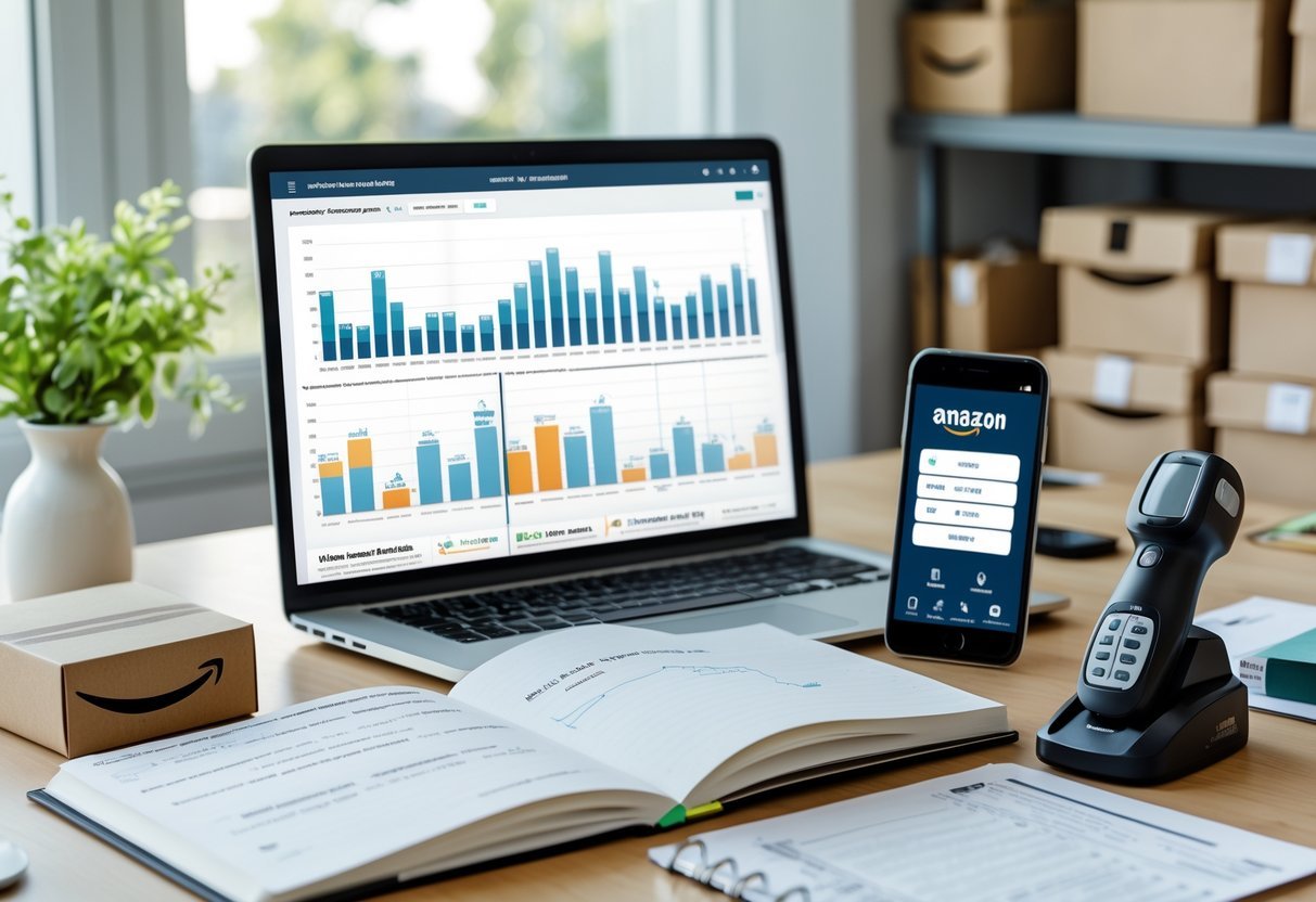 A home office desk with a laptop showing sales charts, Amazon shipping boxes, a notebook, and a smartphone, with shelves of inventory boxes in the background.