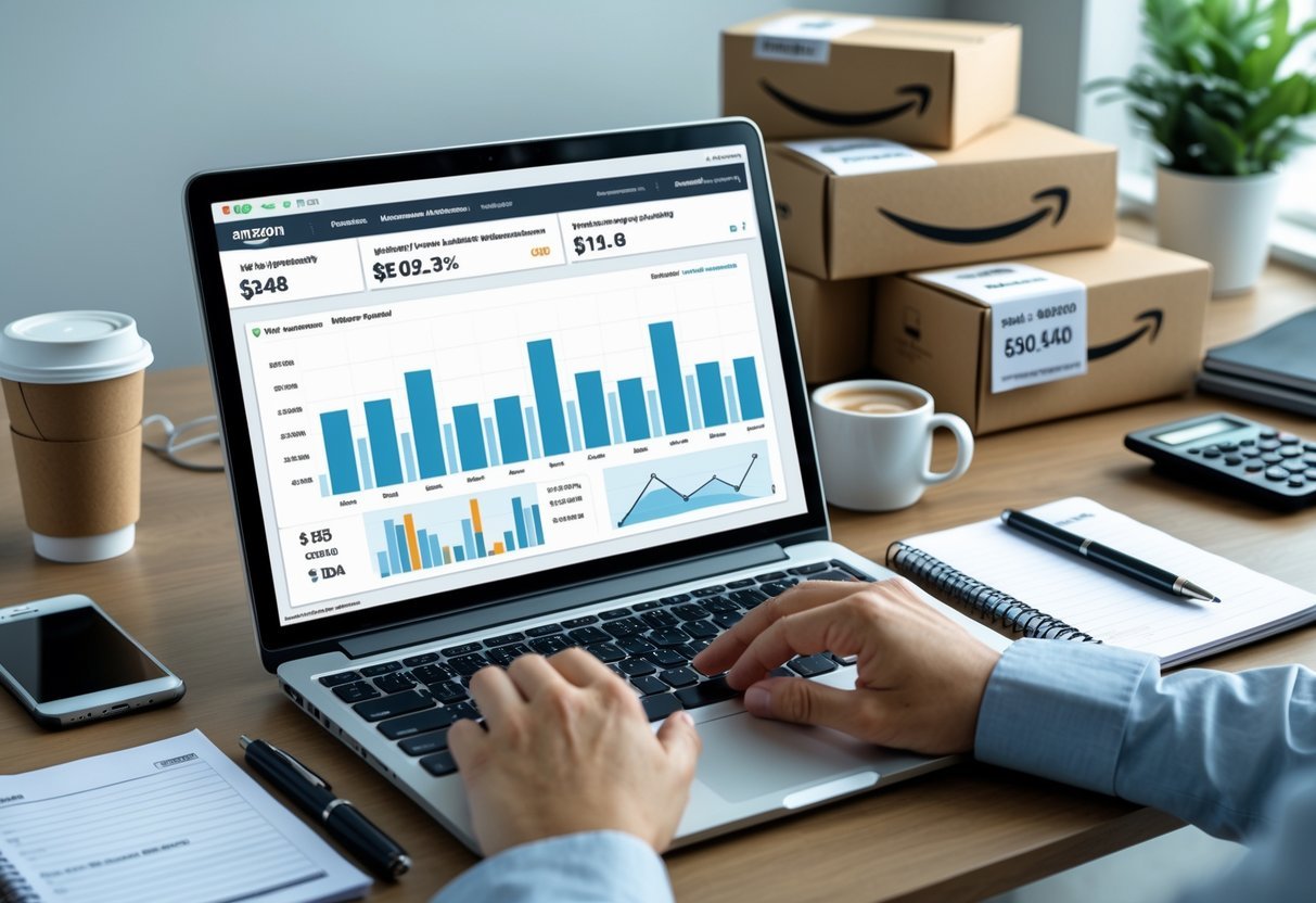A person analyzing sales data on a laptop surrounded by Amazon FBA product boxes and office supplies on a clean desk.