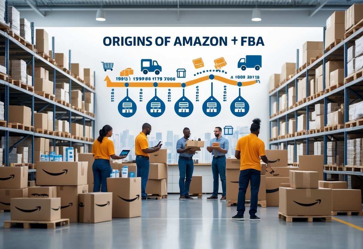 Warehouse workers packing and scanning products in a busy fulfillment center with shelves of boxes and a timeline graphic in the background.