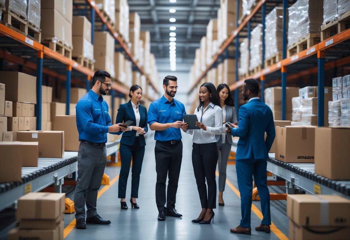 A modern warehouse with workers handling packages and using technology to manage e-commerce fulfillment.