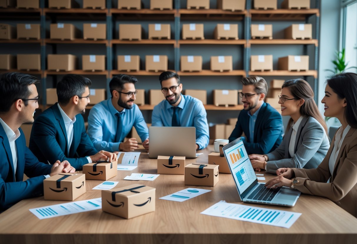 A group of business professionals discussing e-commerce logistics around a table with packages, a laptop, and documents in a modern office with shelves of boxes in the background.