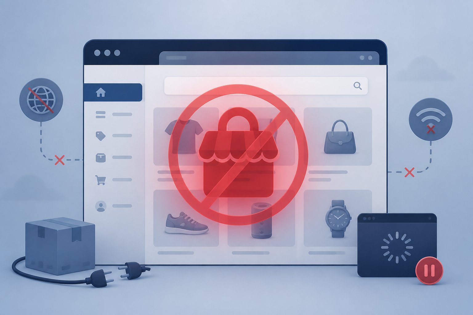A digital storefront interface with a red warning symbol indicating suspension and disconnected network lines around it.