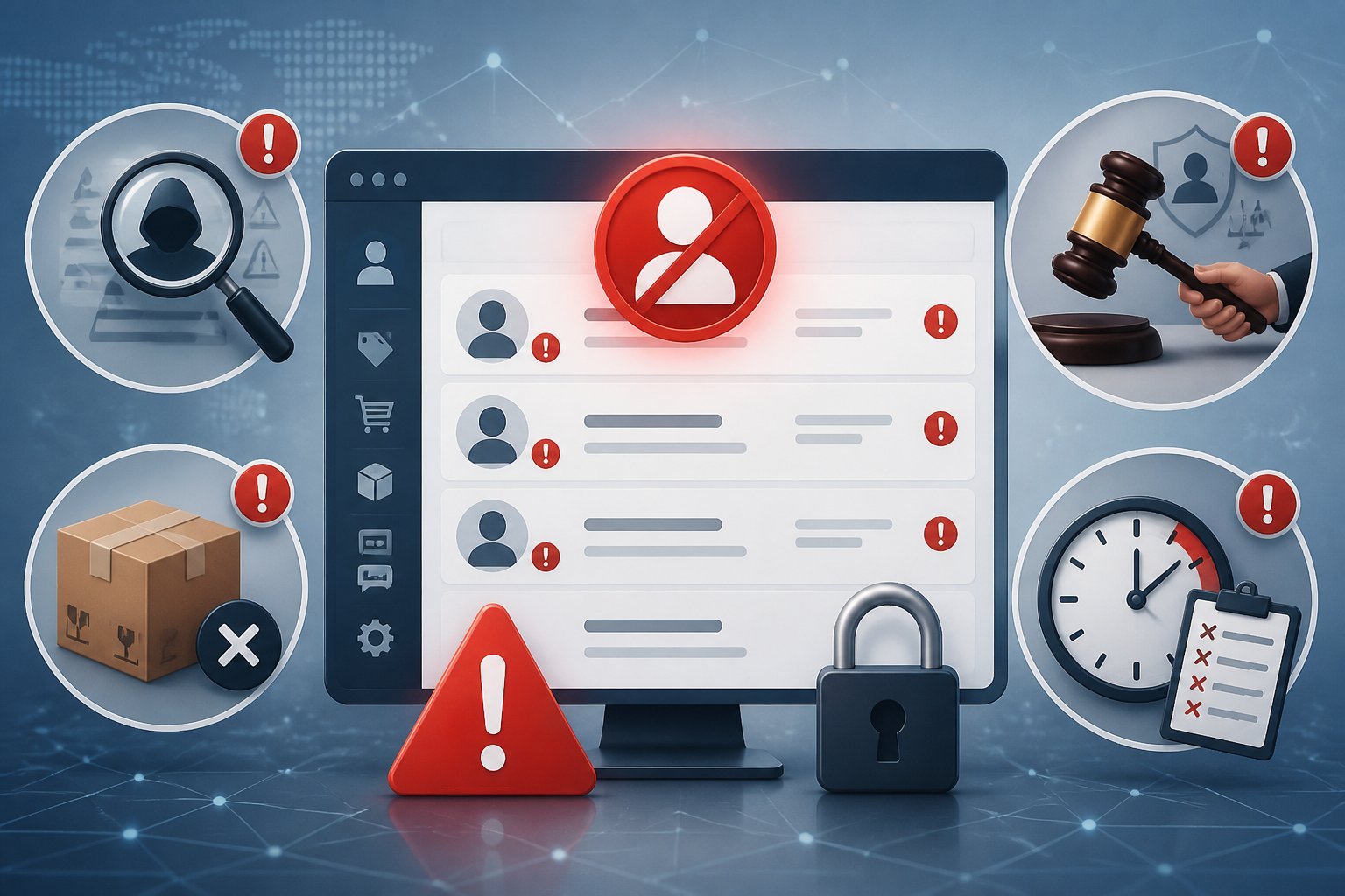 A digital dashboard showing user accounts with warning icons and symbols representing reasons for account suspension on an online marketplace.