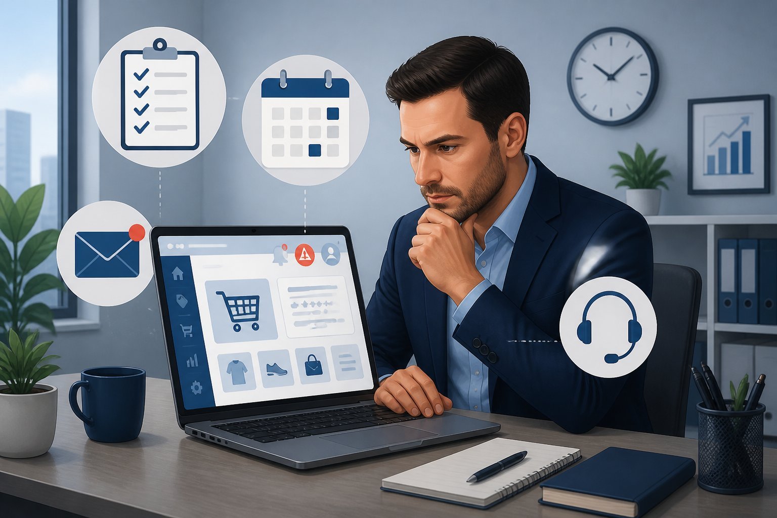 A business professional at a desk with a laptop showing an e-commerce site, surrounded by icons of a checklist, calendar, email, and phone, representing immediate actions after an account suspension.