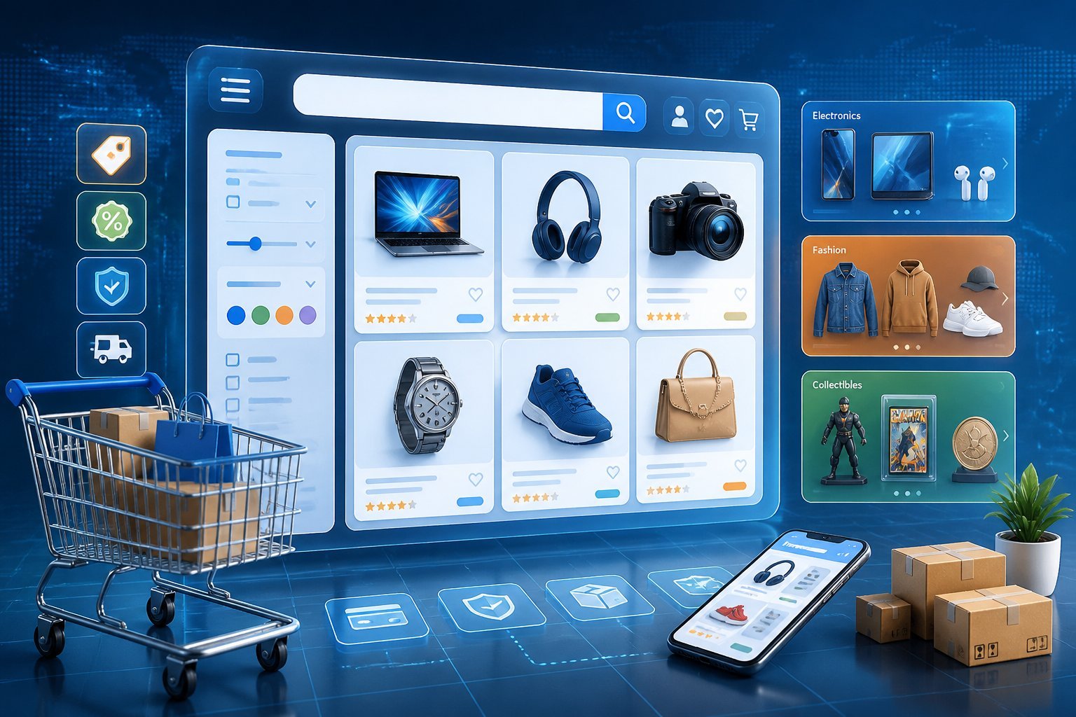 A digital marketplace scene showing various product categories and shopping interface elements representing an online store.
