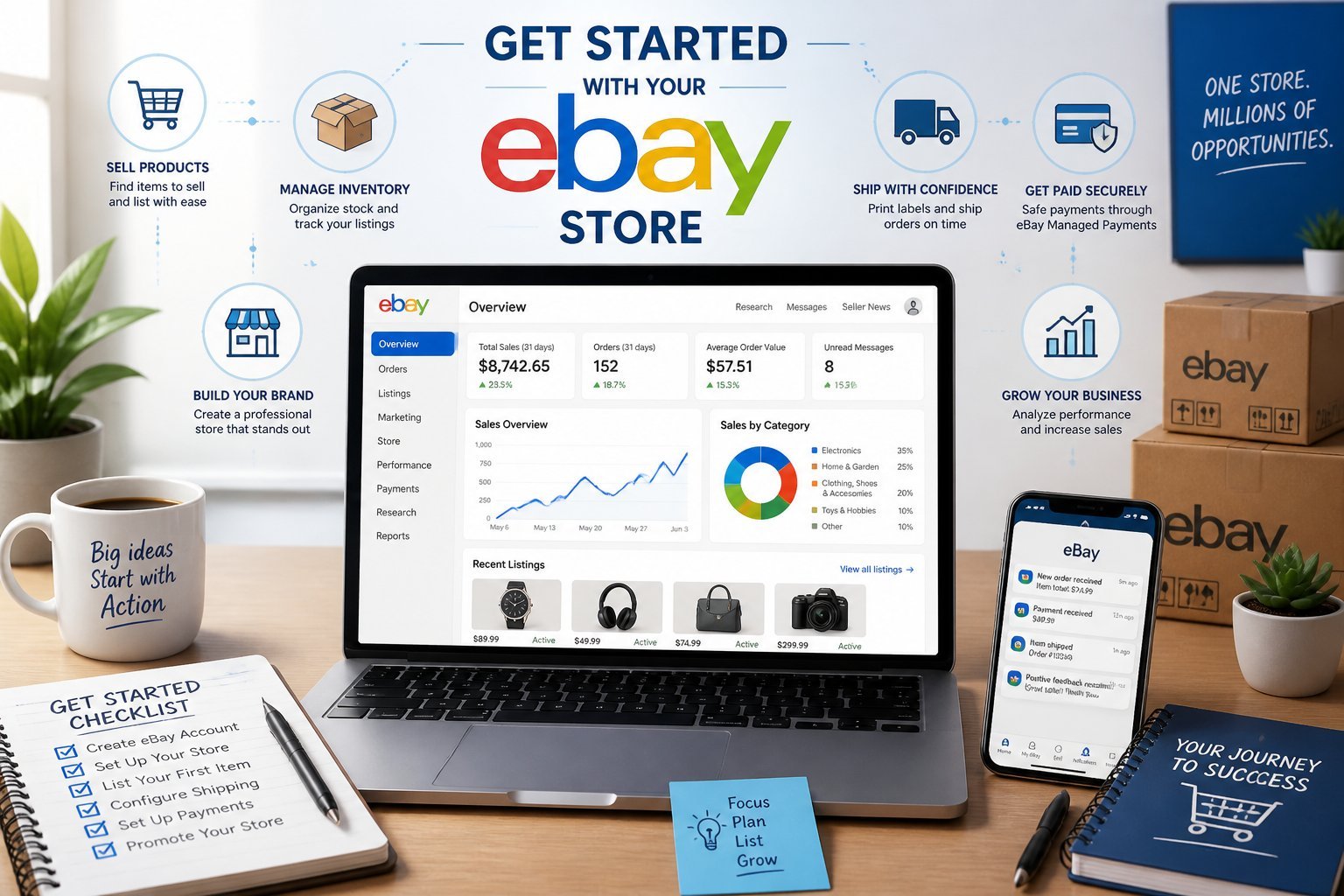 A workspace with a laptop showing an e-commerce dashboard, surrounded by notes, a coffee cup, and a smartphone, with icons representing online shopping and shipping floating in the background.