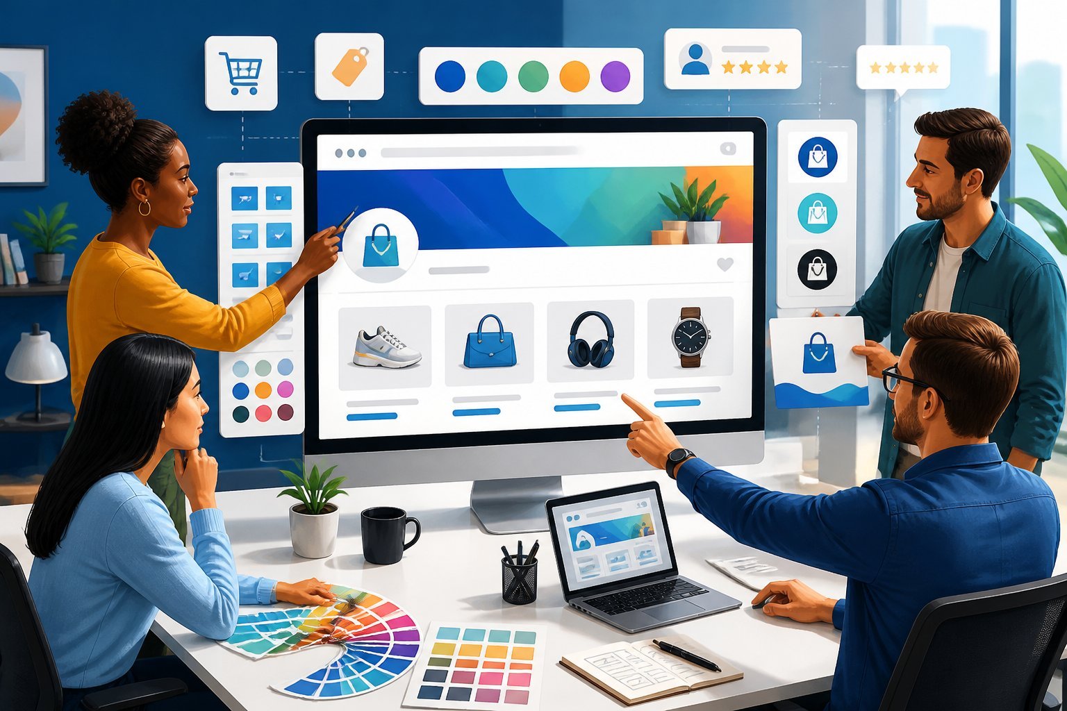 A group of professionals collaborating around a computer screen customizing an online store's branding and design elements.