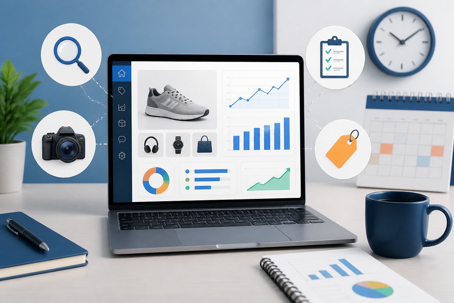 A digital workspace with a laptop showing e-commerce data, surrounded by icons of a magnifying glass, checklist, price tag, and camera.