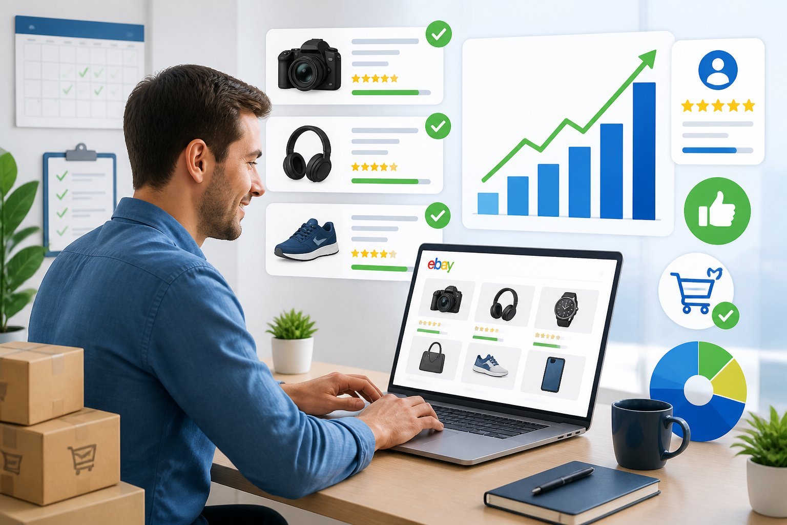 An online seller working at a desk with a laptop surrounded by charts, product images, and icons representing sales growth and listing optimization.