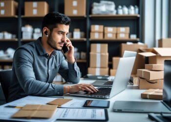 A person working at a desk surrounded by laptops, shipping boxes, and paperwork, appearing busy and focused while managing inventory.