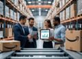 A warehouse with shelves full of packages, business professionals discussing logistics using a tablet, and Amazon delivery boxes visible.