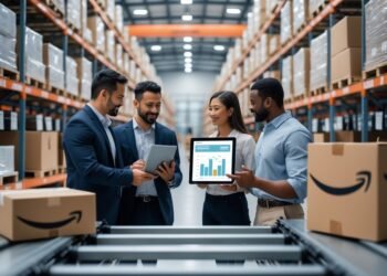 A warehouse with shelves full of packages, business professionals discussing logistics using a tablet, and Amazon delivery boxes visible.