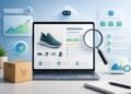A laptop showing an ecommerce product page surrounded by SEO icons, analytics graphics, and an online shopping package.