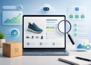 A laptop showing an ecommerce product page surrounded by SEO icons, analytics graphics, and an online shopping package.