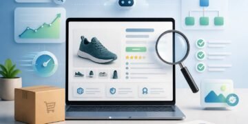 A laptop showing an ecommerce product page surrounded by SEO icons, analytics graphics, and an online shopping package.
