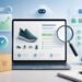 A laptop showing an ecommerce product page surrounded by SEO icons, analytics graphics, and an online shopping package.