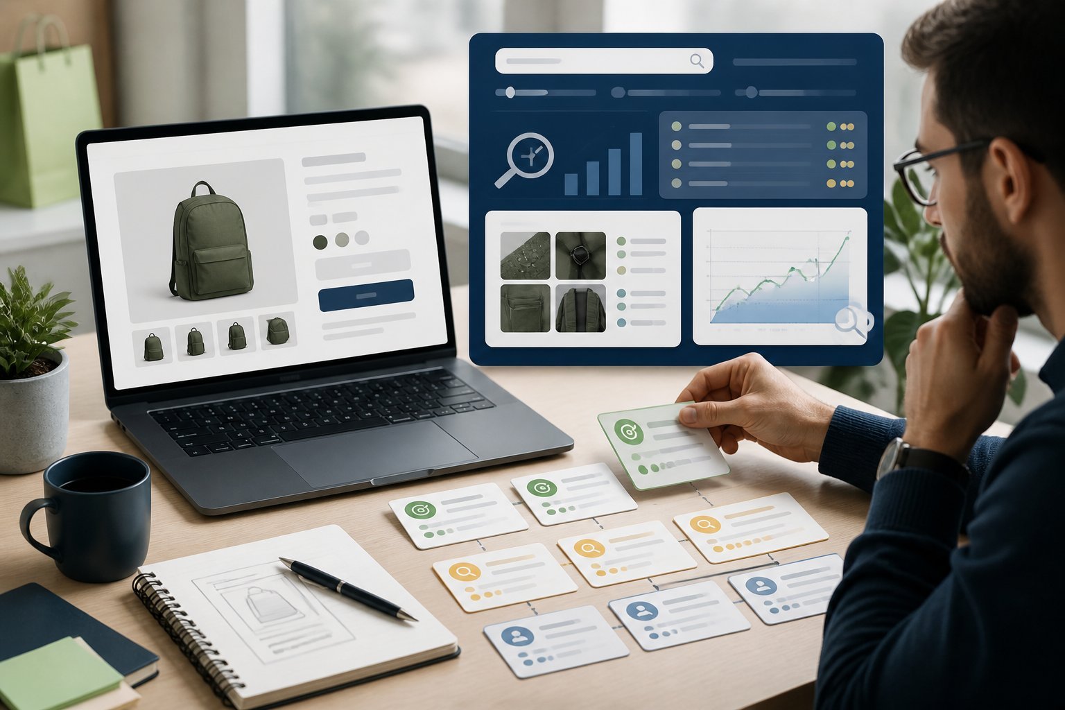 A digital marketer prioritizes search keywords while reviewing an online store product page on a laptop.