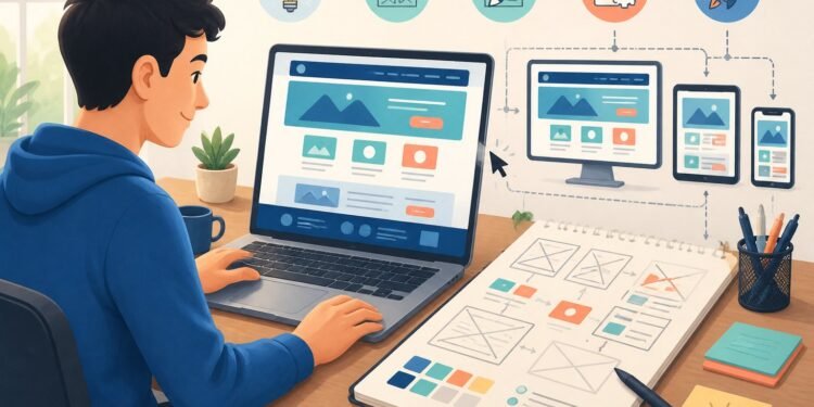 A beginner plans and builds a website on a laptop beside a wireframe sketchbook and responsive device layouts.
