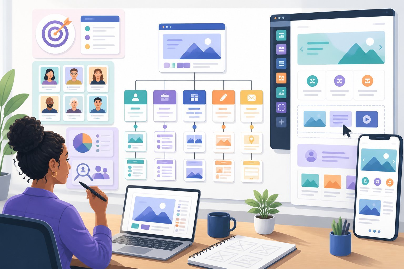 A web designer plans a website using audience profiles, goals, a sitemap, and page layout blocks.