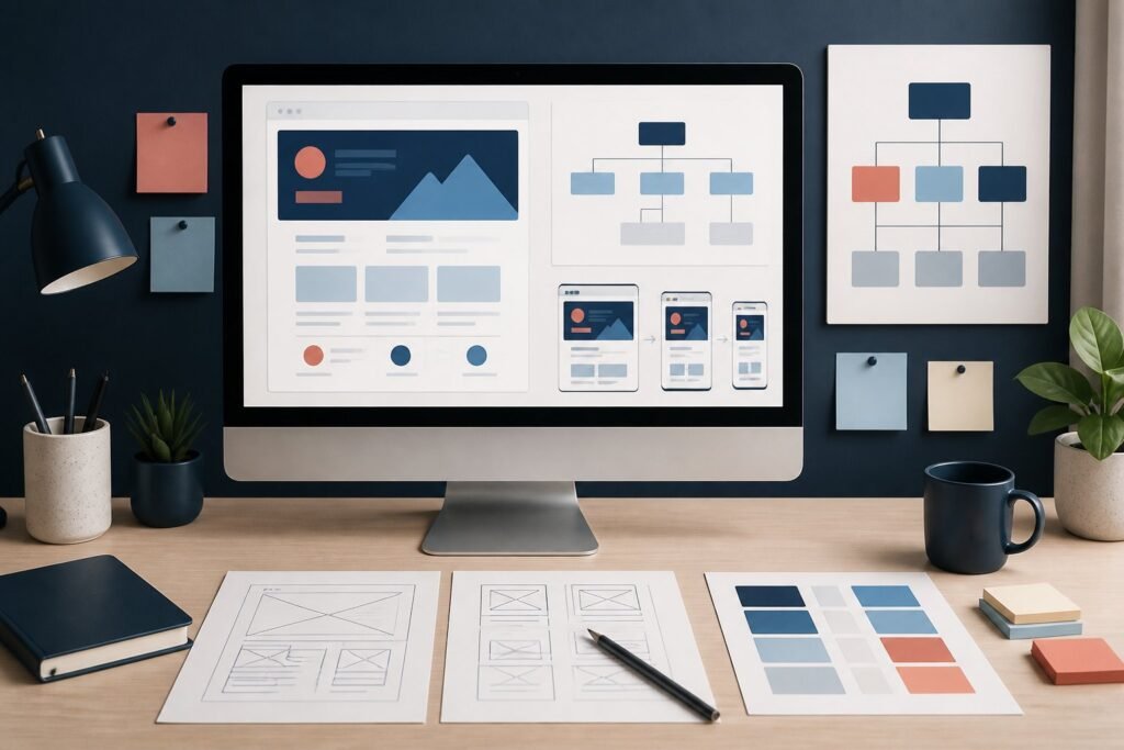 A modern workspace with a monitor showing website wireframes, a sitemap diagram, layout sketches, and coordinated color swatches.- Typography Logo Design