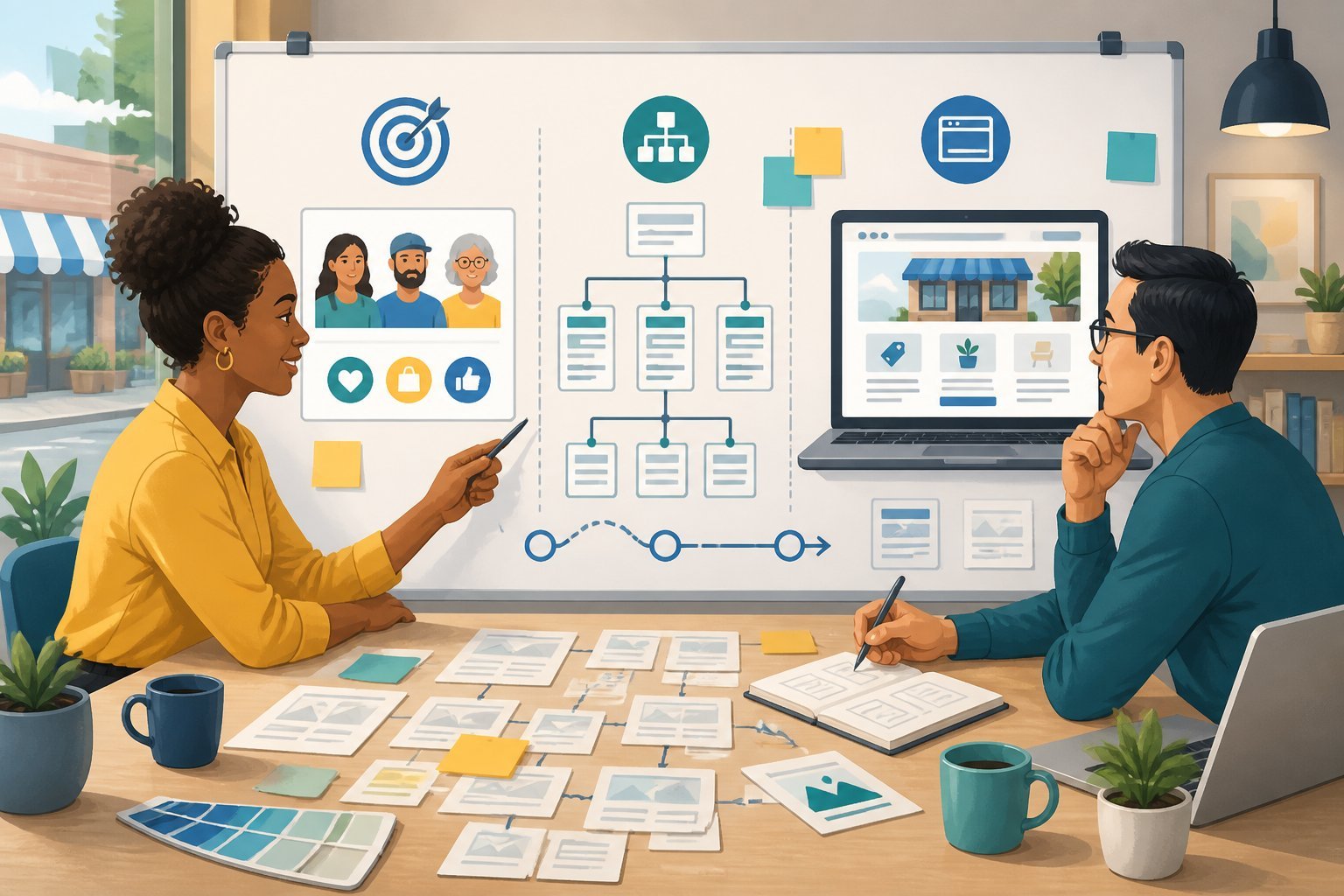 A small business owner and web strategist plan website goals, audience, and structure around a visual planning board.