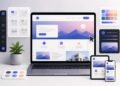 A laptop displays a clean modern website layout surrounded by abstract web design tools and responsive device frames.