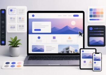 A laptop displays a clean modern website layout surrounded by abstract web design tools and responsive device frames.
