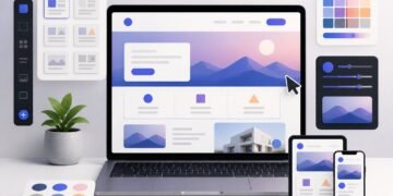 A laptop displays a clean modern website layout surrounded by abstract web design tools and responsive device frames.